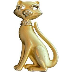 AJC Gold Tone Sitting Siamese Cat Brooch Pin with Rhinestone Collar